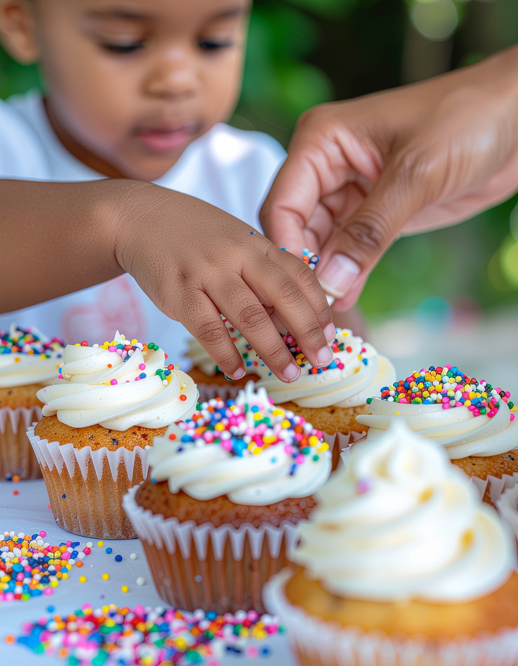 Imagem de criança decorando cupcakes com confeitos coloridos em ambiente ao ar livre. As mãos, uma adulta e outra infantil, cuidadosamente espalham os confeitos sobre a cobertura cremosa, destacando-se em foco no centro, enquanto o fundo permanece desfocado, sugerindo um dia ensolarado e descontraído.